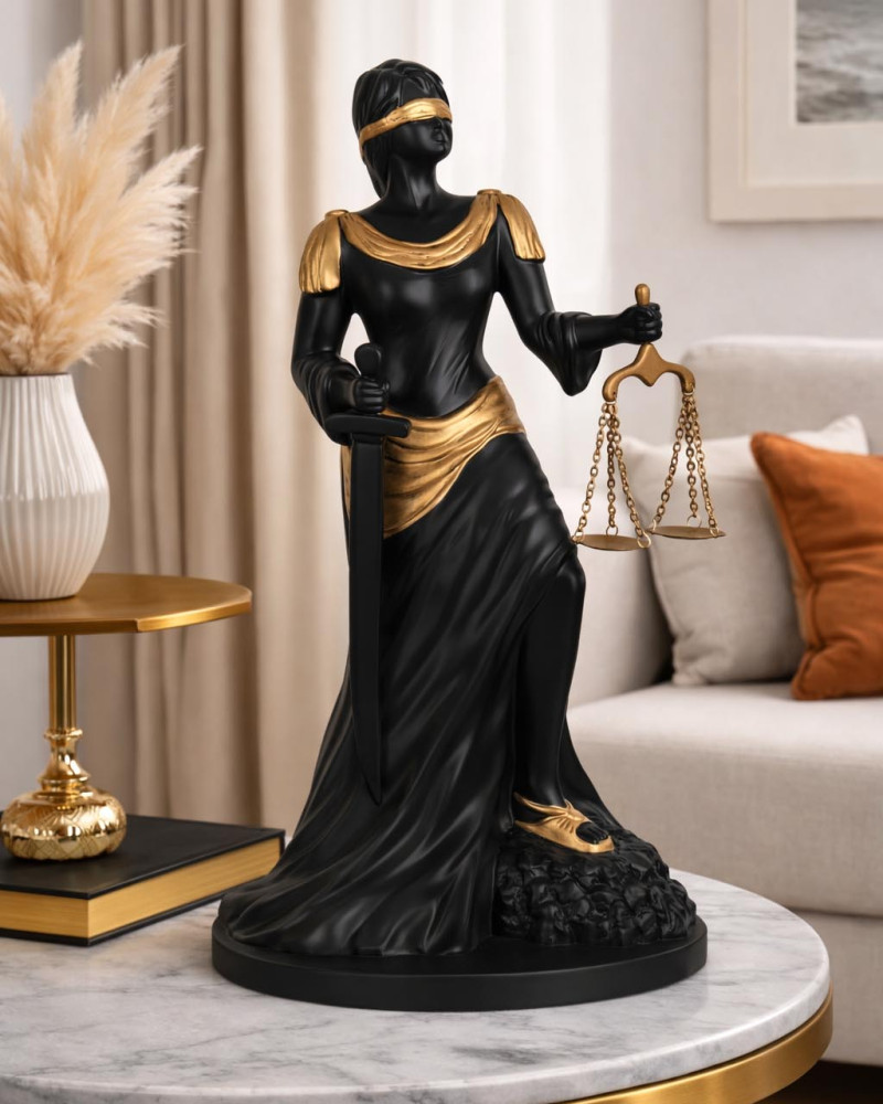 Modern Adalet Heykeli (Themis) – Mat Siyah & Antik Altın