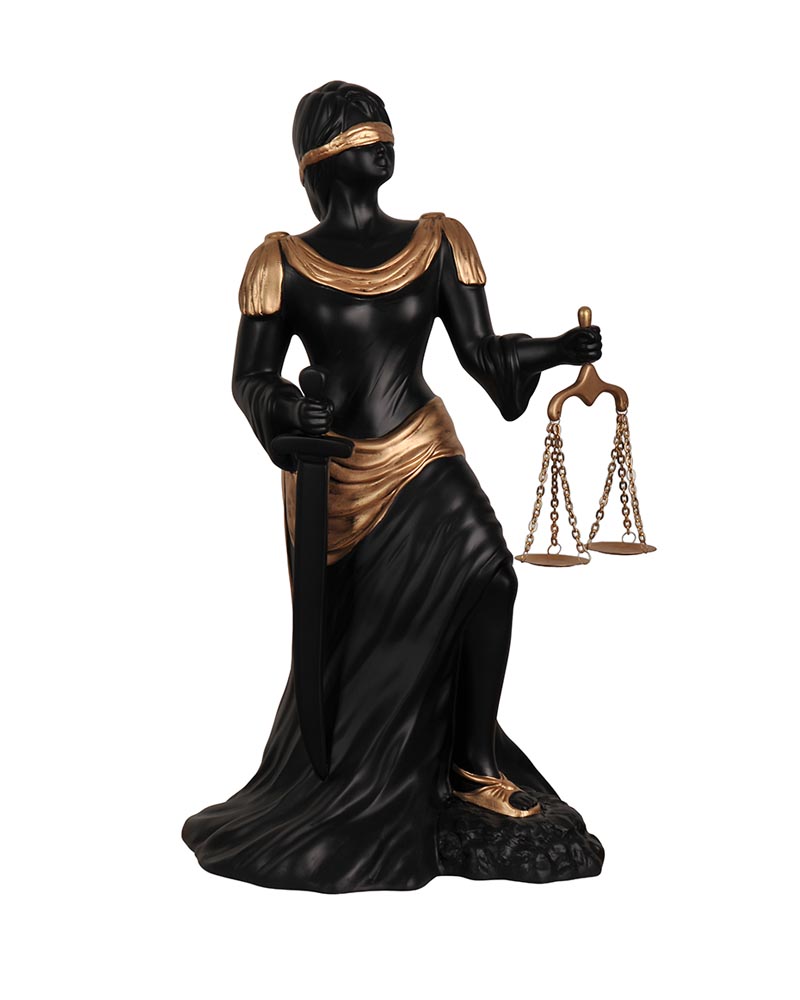 Modern Adalet Heykeli (Themis) – Mat Siyah & Antik Altın