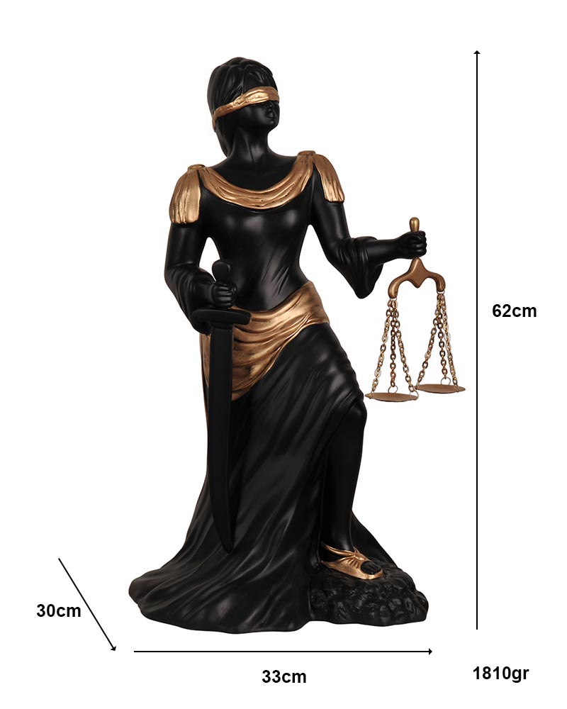 Modern Adalet Heykeli (Themis) – Mat Siyah & Antik Altın